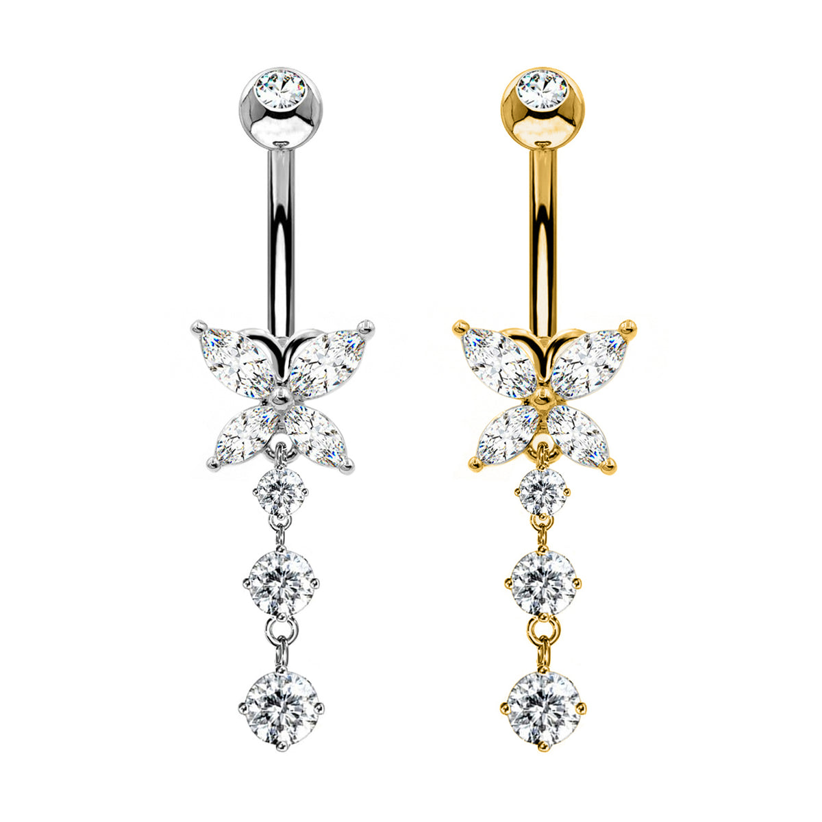 Piercing Ombelico in acciaio 316l Farfalla con Cristalli Pendenti