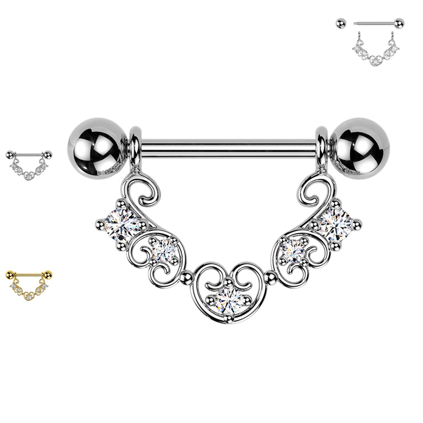 Piercing per Capezzolo con Cristalli e Decorazione a Riccioli Ornamentali