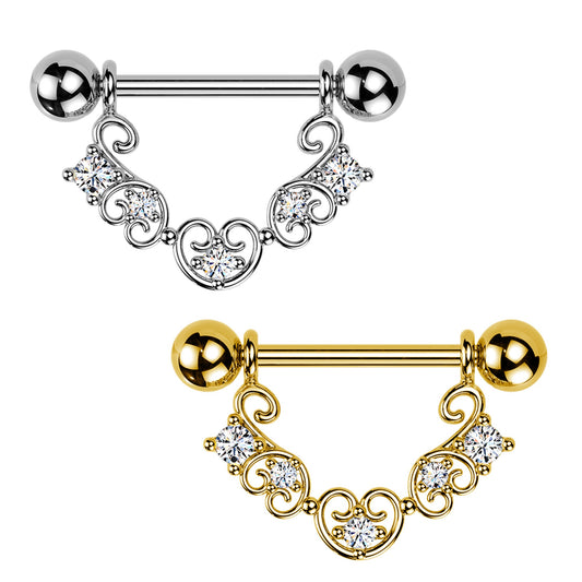 Piercing per Capezzolo con Cristalli e Decorazione a Riccioli Ornamentali