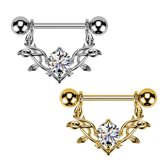 Piercing per Capezzolo con Cuore Stilizzato e Rami Spinati con Cristallo