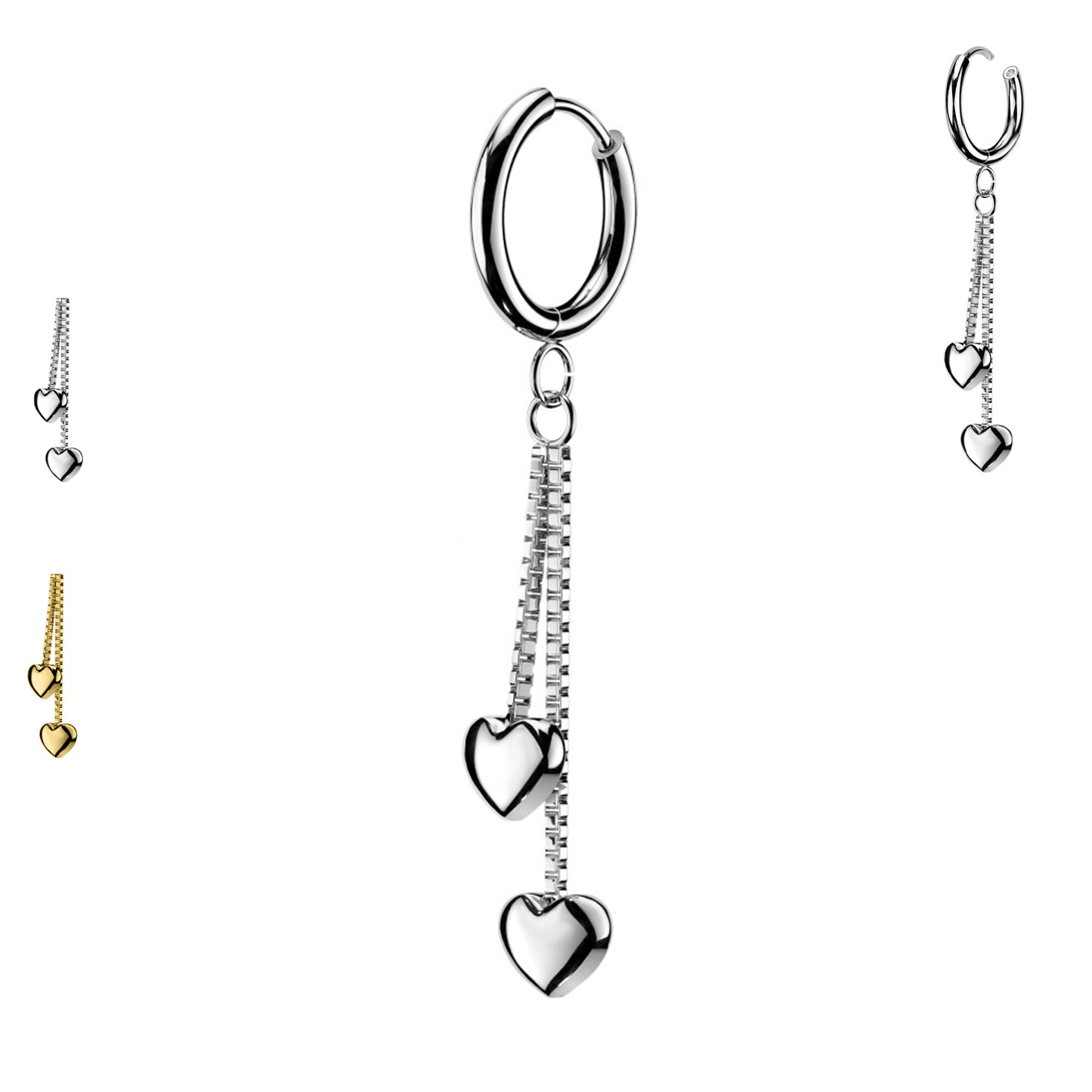 Piercing Orecchio Cerchio con Doppi Cuori e Catena