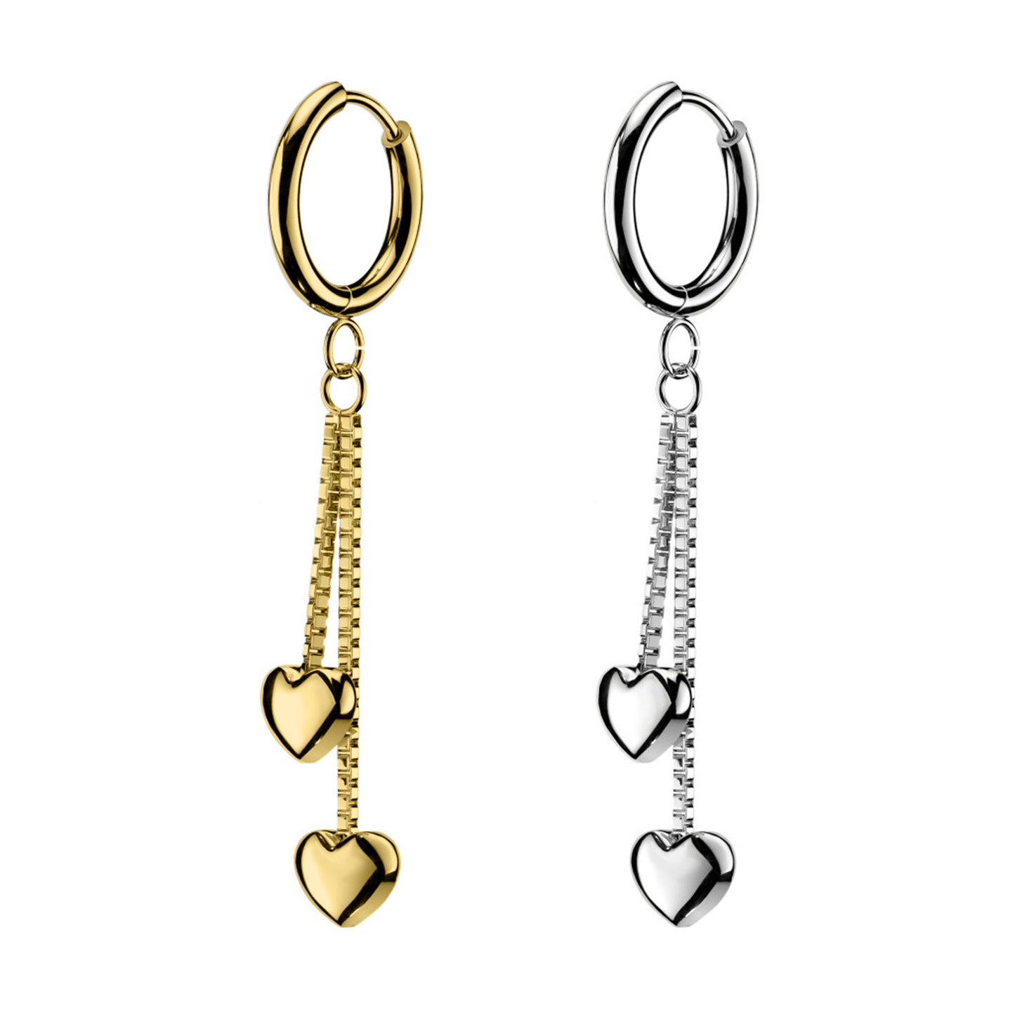 Piercing Orecchio Cerchio con Doppi Cuori e Catena
