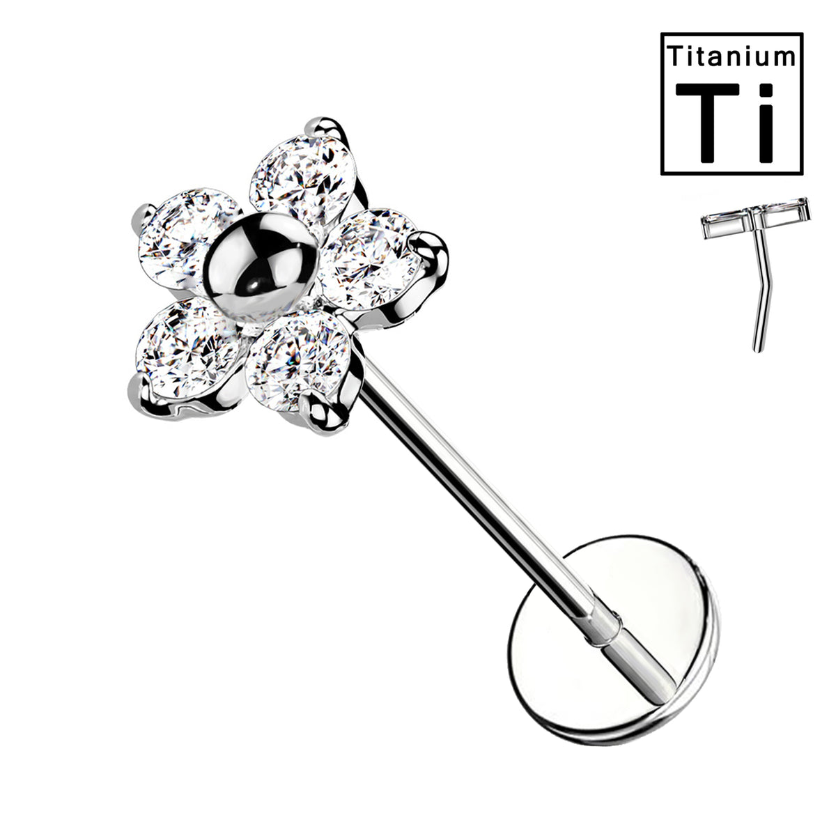 Piercing Labret Push-In in Titanio con Fiore di Cristalli