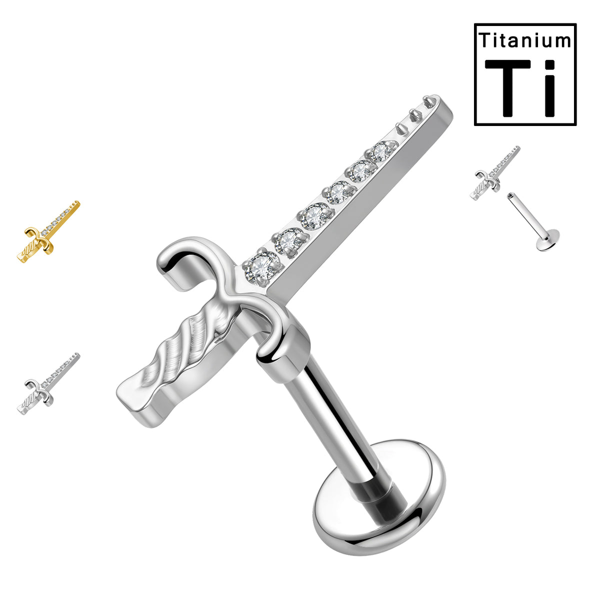 Piercing Labret in Titanio con Cristalli a Forma di Pugnale e Filettatura Interna