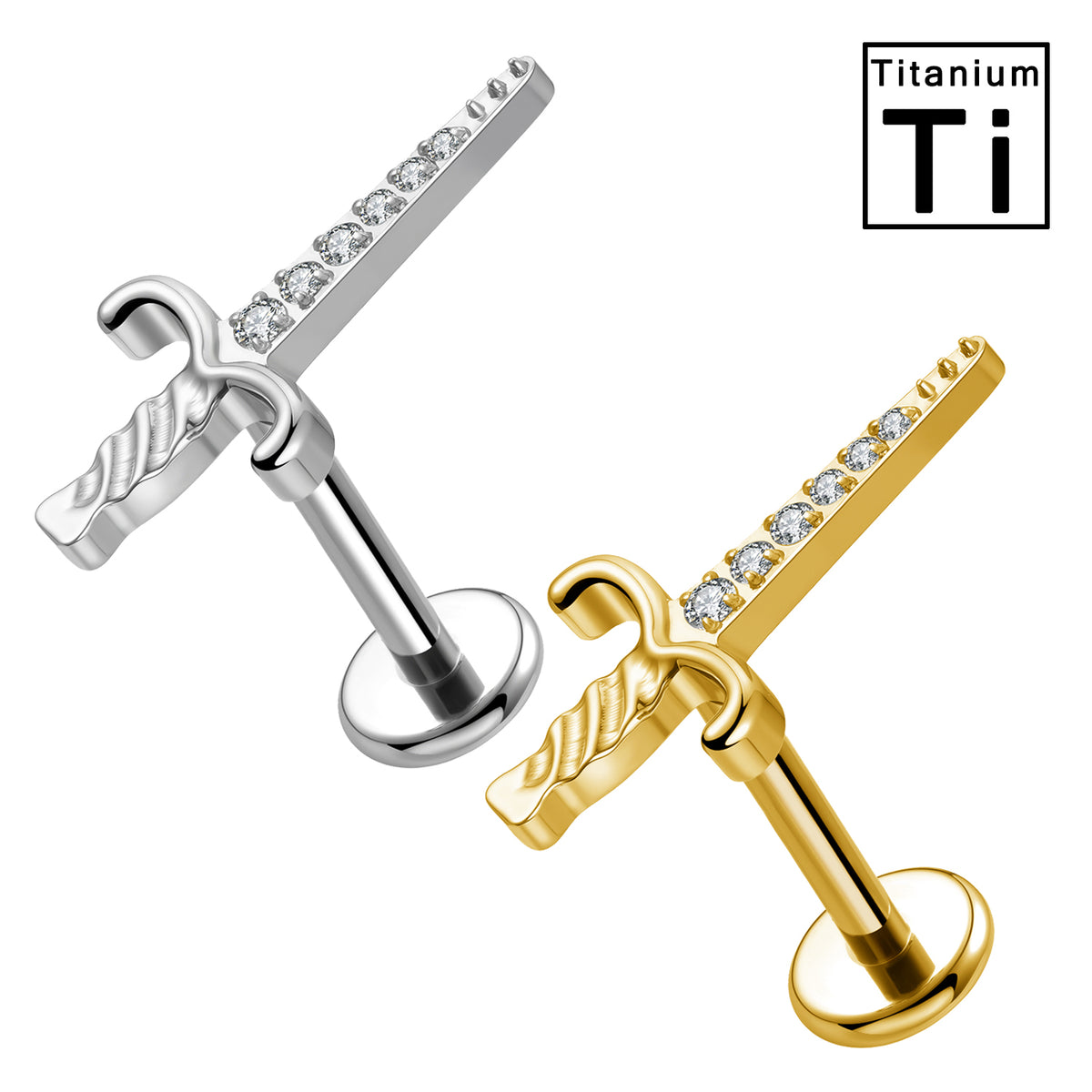 Piercing Labret in Titanio con Cristalli a Forma di Pugnale e Filettatura Interna
