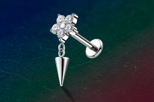 piercing Labret In Titanio Con Fiore Di Cristalli E Pendente A Forma Di Cono