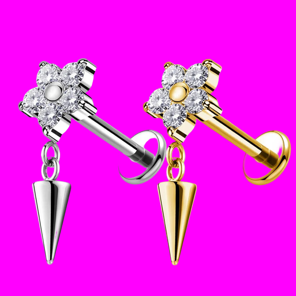 piercing Labret In Titanio Con Fiore Di Cristalli E Pendente A Forma Di Cono