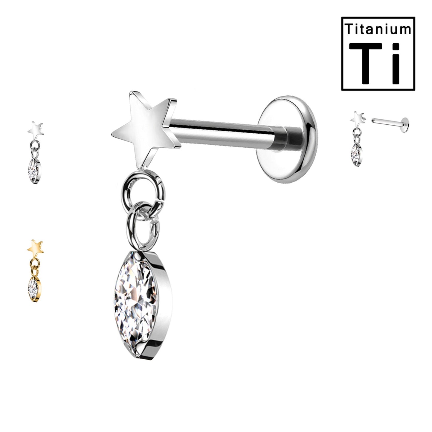 Piercing Labret in Titanio con Cristallo a Forma di Stella e pendente