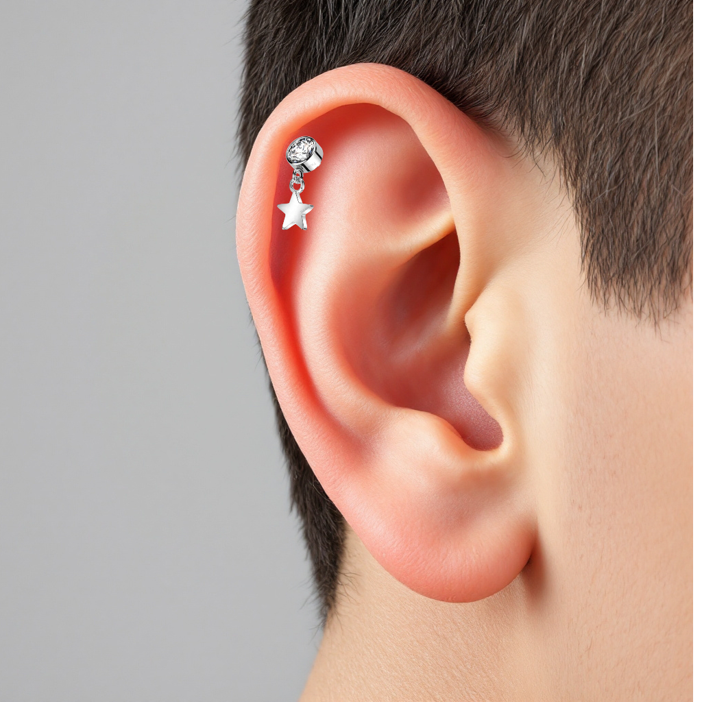 piercing labret in titanio con punto luce e pendente a forma