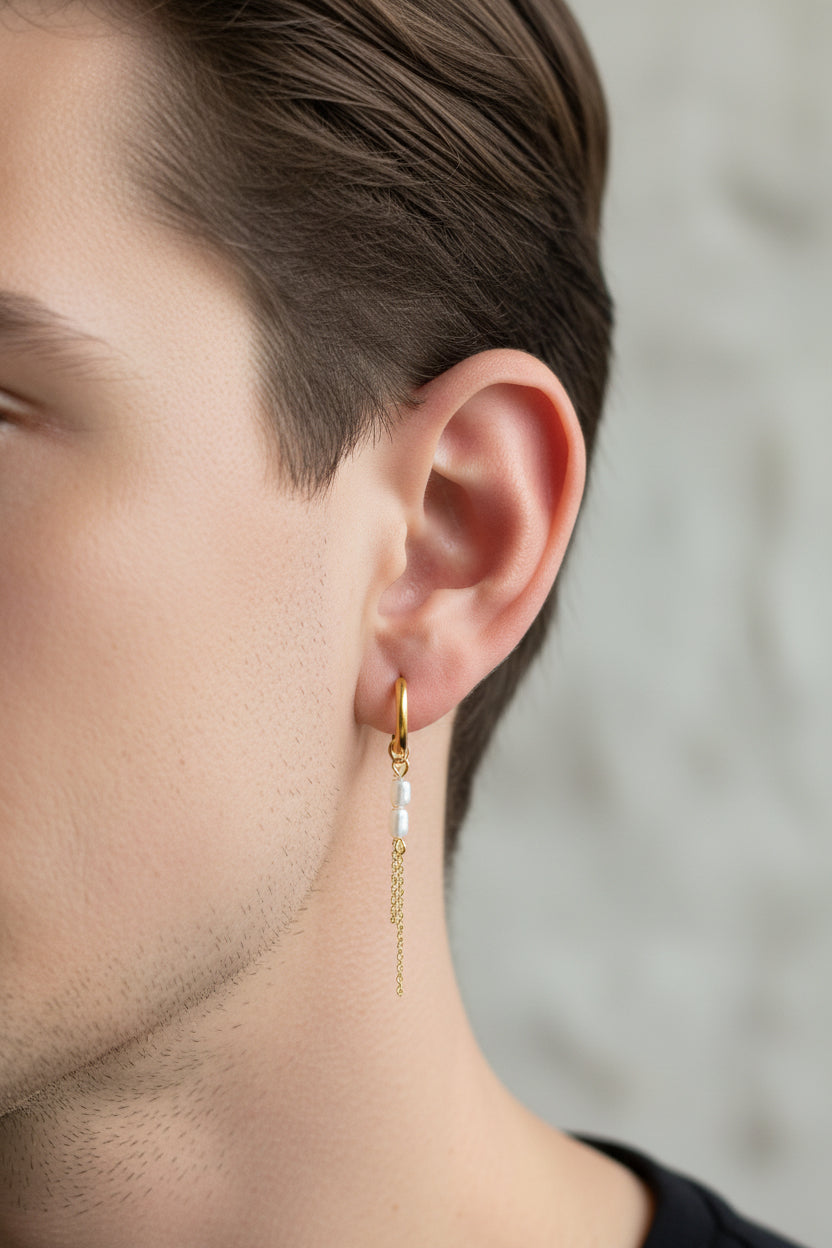 Orecchino cerchio Clicker con catenella collegata e perle