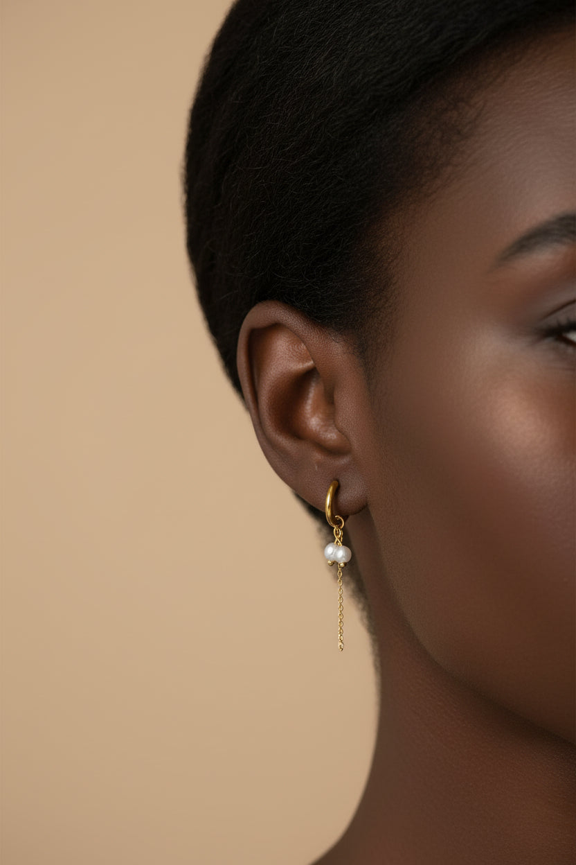 Orecchino cerchio Clicker con 2 perle e catenella